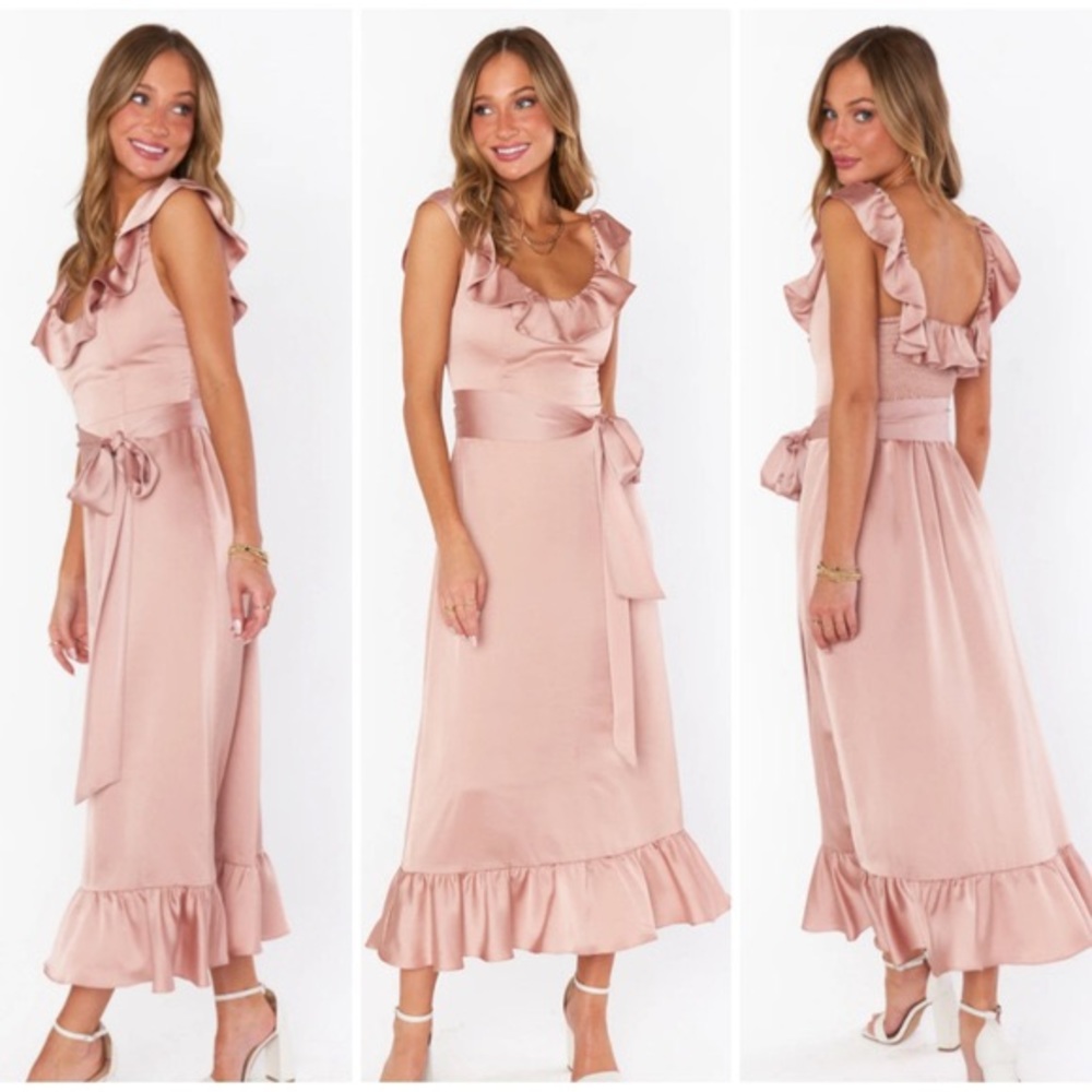 Show Me Your MuMu Alexis Midi Dress Rose Gold Luxe Satin